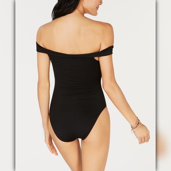 Bar III Solid Lace Up Off-The-Shoulder One-Piece - Picture 2 of 3